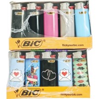 2 Small Bic Lighters. 1 Coloured 50pk and 1 Printed 50pk